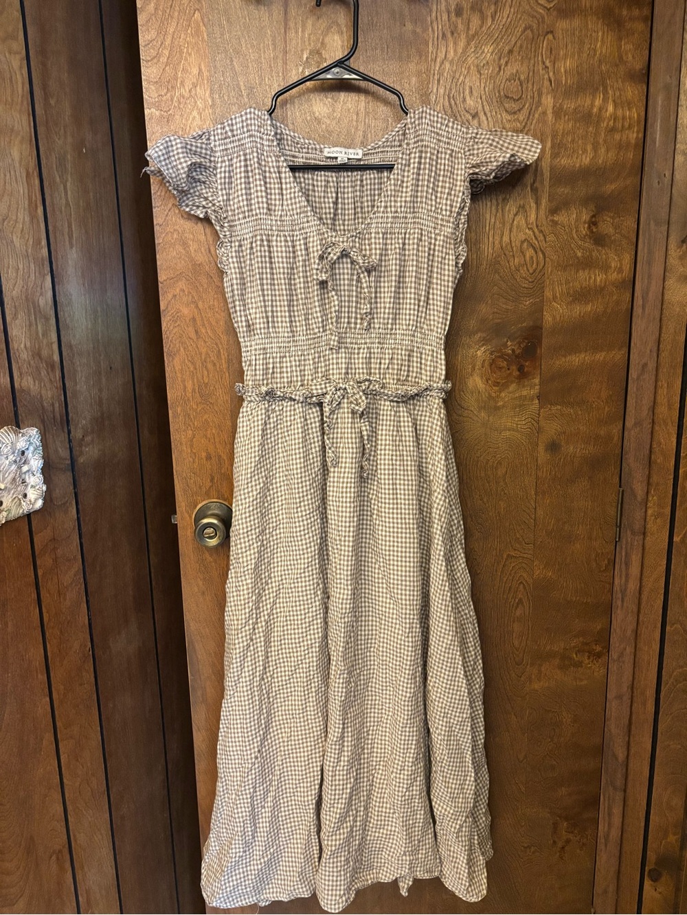 Moon River Beige Gingham Smocked Midi Dress